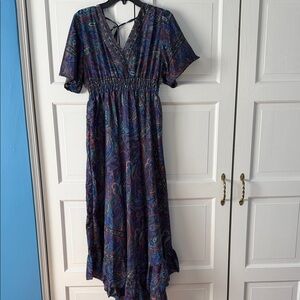 Navy Paisley V-Neck Maxi Dress with Smocked Waist